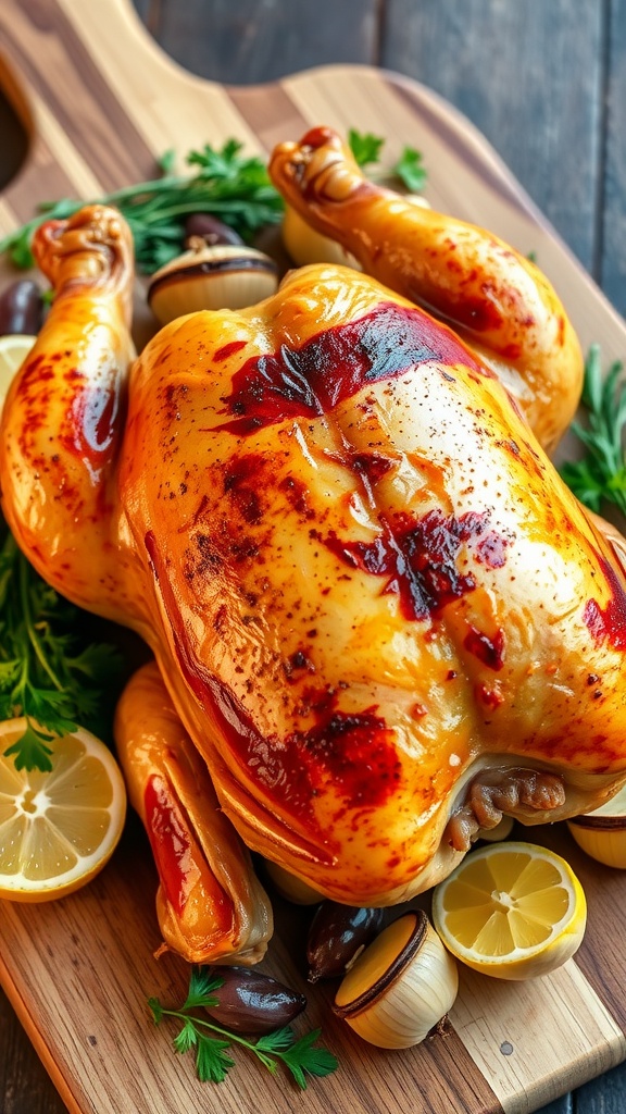 A golden roasted chicken on a wooden board surrounded by herbs and garlic, garnished with lemon.
